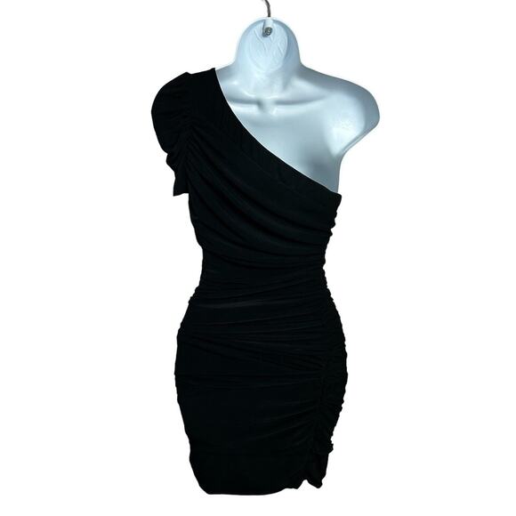 Twenty One Black Ruched Dress Sz M One Short Sleeve Fitted Mini Party Evening - Picture 6 of 7